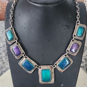 Chico's Elegant Silver Tone Green & Purple.Stone Statement Necklace
